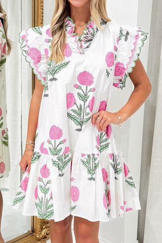 White Wild Floral Print Scalloped Embroidery Trim V Neck Drop Waist Mini Dress