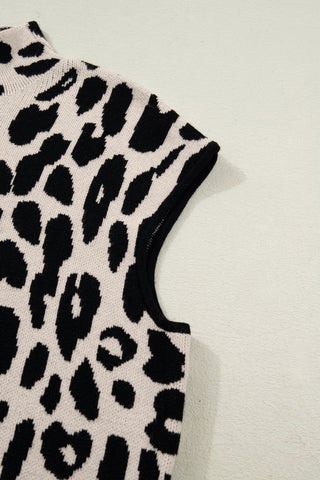 Black Leopard Print High Neck Short Sleeve Sweater