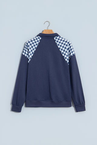 Navy Blue Patchwork Plaid Pocket Quarter Zip Sweatshirt