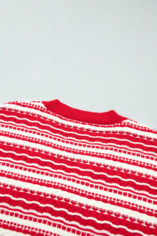 Red Geometric Striped Pattern V Neck Button Front Casual Knit Cardigan