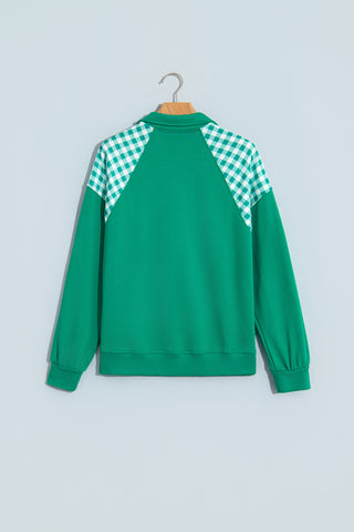 Navy Blue Patchwork Plaid Pocket Quarter Zip Sweatshirt