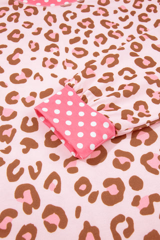Pink Leopard Polka Dot Colorblock Trim Long Sleeve Top