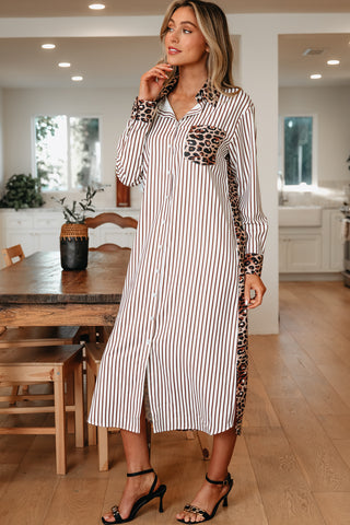 Sky Blue Stripe Contrast Leopard Patchwork Long Shirt Dress with Slits