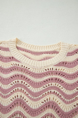 Black Stripe Wavy Crochet Eyelet Detail Ruffle Half Sleeve Sweater