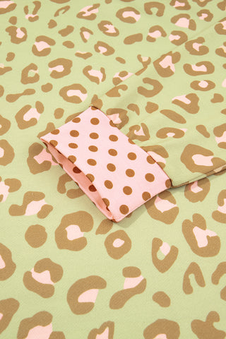 Pink Leopard Polka Dot Colorblock Trim Long Sleeve Top