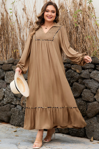 Chestnut Smocked V Neckline Leopard Piping Accent Bracelet Plus Size Long Dress