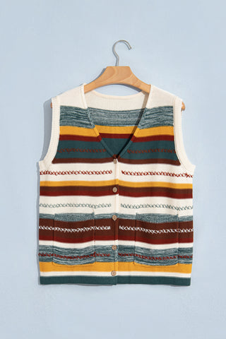 Multicolour Striped Button Front Sleeveless Knit Regular Fit Sweater Vest