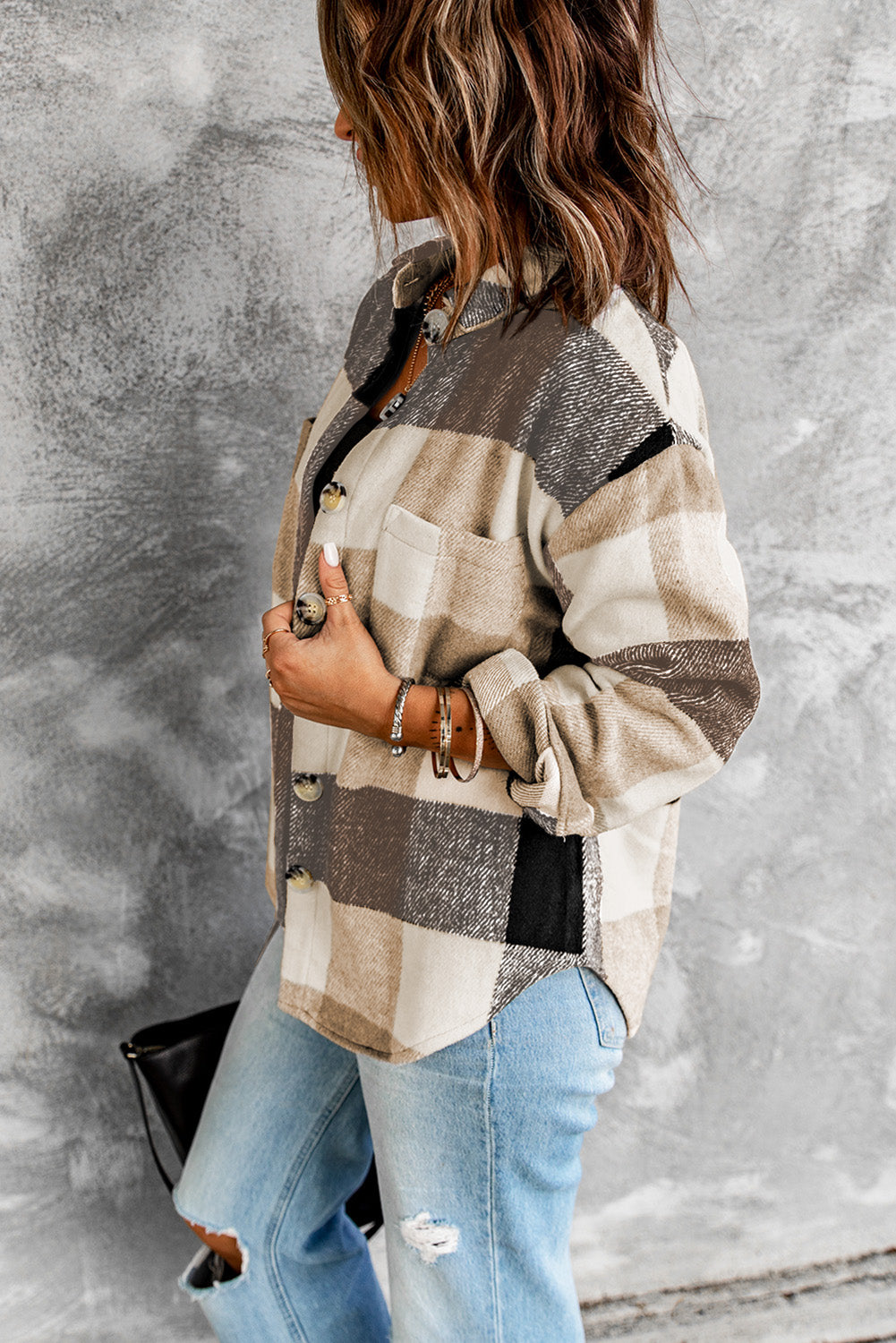Purple Plaid Color Block Buttoned Long Sleeve Jacket with Pocket