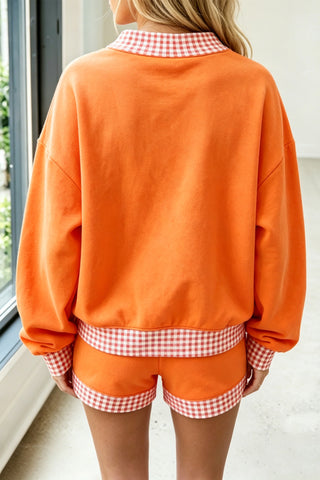 Fiery Red Gingham Trim Baggy Pullover 2pcs Short Set