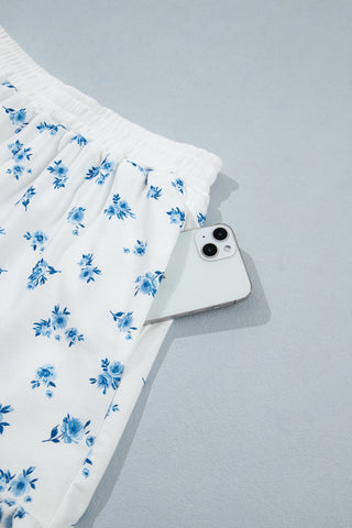 Sky Blue Floral Print Long Sleeve Top Elastic Waist Ruffle Hem Shorts 2pcs Set