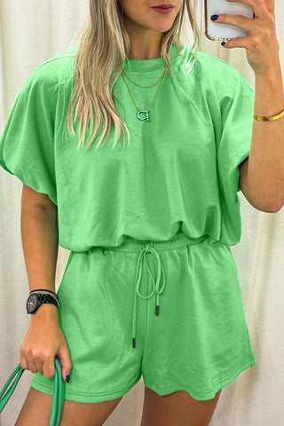 Light Blue Solid Color Puffy Loose Top Drawstring Shorts 2pcs Outfit