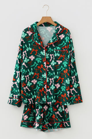 Green Festive Bow Print Long Sleeve Shirt and Pajama Short Set