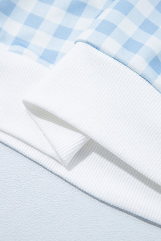 Light Blue Plaid Round Neck Long Sleeve Sweatshirt