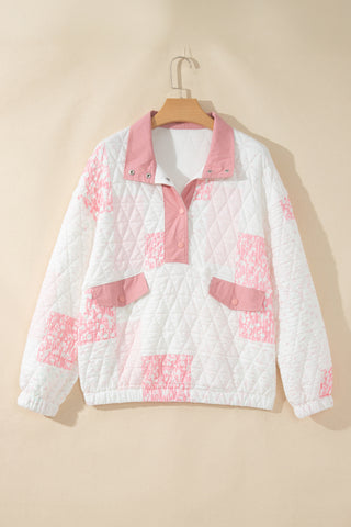 Multicolour Floral Quilted Half Button Pocketed Pullover Sweatshirt