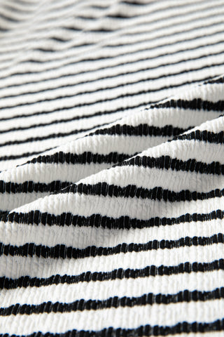 Black Stripe Textured Knit Twisted Rib Contrast Patchwork V Neck Long Sleeve Top