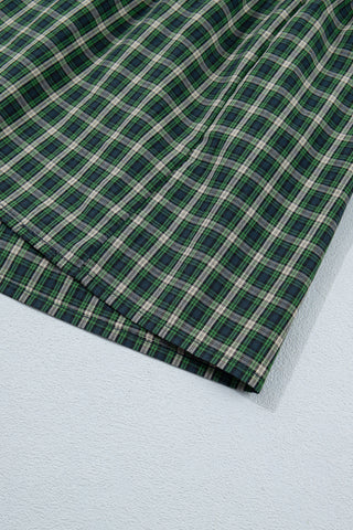 Green Plaid Square Neck Shirred High Waist Ruffle Hem Dress