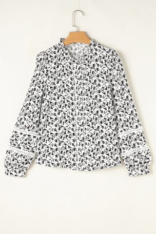 Black Printed Lace Detail Floral Puff Sleeve Fall Shirt