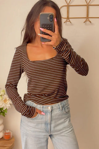 White Stripe Square Neck Long Sleeve Top