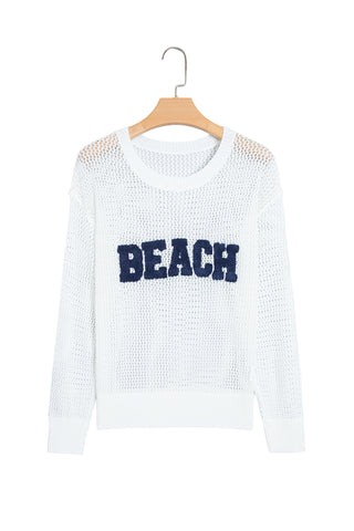 White Chenille BEACH Lettering Hollow Out Knit Casual Sweater