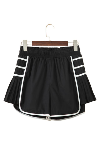 Black Contrast Trim Pleated Casual Active Shorts