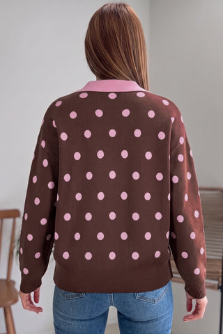 Pink Polka Dot Pattern Color Block Collared Loose Pullover Sweater