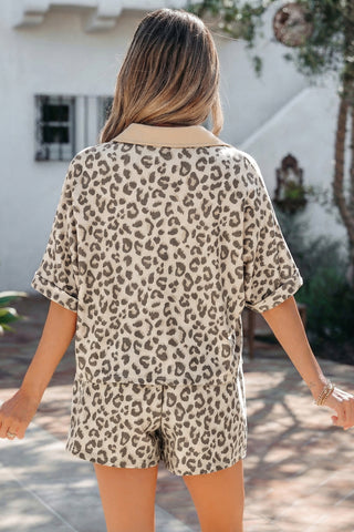 Rose V Neck Collar Leopard Printed 2pcs Short Set