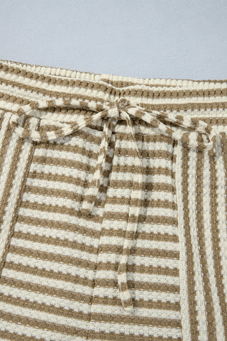 Brown Stripe Textured Knit Long Sleeve Top Elastic Waist Shorts Casual Outfit