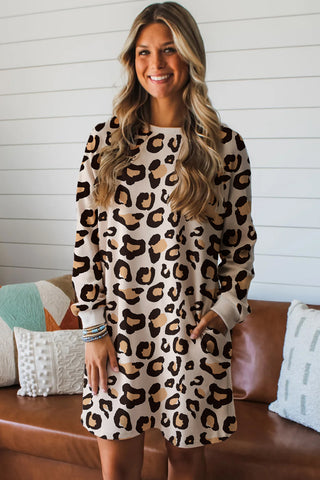 Khaki Leopard Long Sleeve Shift T Shirt Dress with Pockets