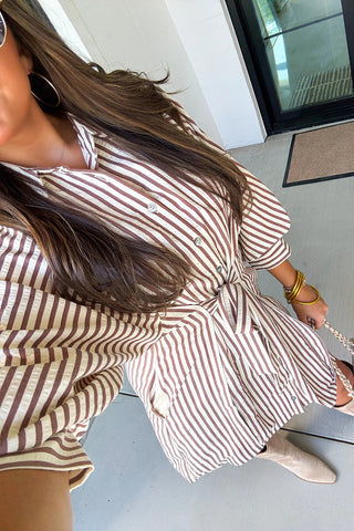 Brown Stripe Knot Waist Puff Sleeve Button Down Mini Shirt Dress