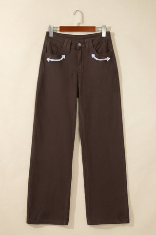 Coffee Western Colorblock Pockets Button Fly Decorative Belt Loops Straight Leg Jeans