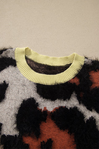 Khaki Leopard Print Drop Shoulder Long Sleeve Round Neck Sweater