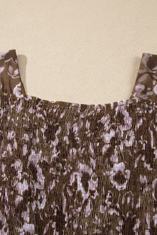 Brown Abstract Floral Print Square Neck Long Sleeve Mini Shift Dress