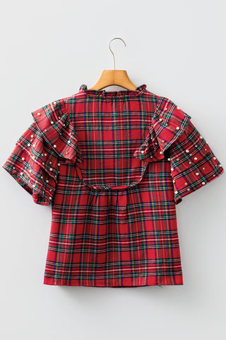 Red Festive Plaid Pearl Embellished Ruffle Short Sleeve Blouse