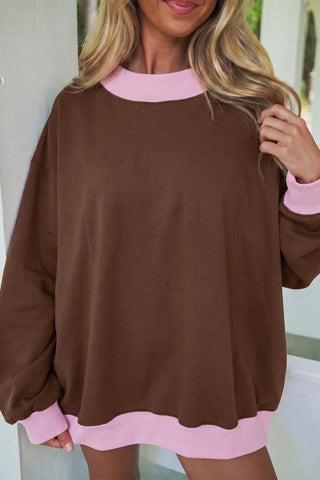 Grapefruit Orange Colorblock Trim Crewneck Long Sleeve Pullover Sweatshirt
