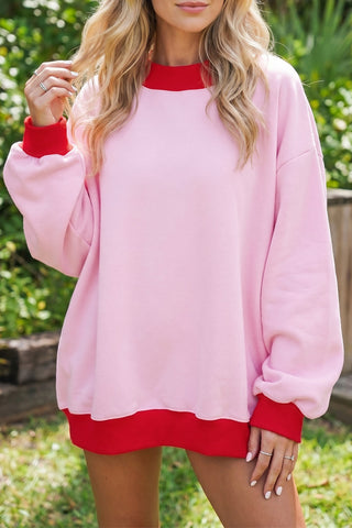 Grapefruit Orange Colorblock Trim Crewneck Long Sleeve Pullover Sweatshirt