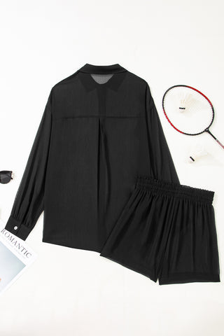 Black Sheer Tunic Shirt Drawstring Shorts 2pcs Swim Cover Up