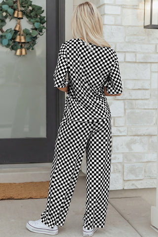 Black Checkered Print Half Sleeve Tee 2pcs Lounge Pant Set