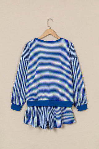 Blue Stripe Oversized Long Sleeve Top Drawstring Loose Shorts 2pcs Set
