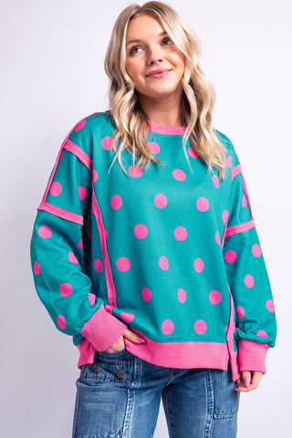White Polka Dot Contrast Patchwork Round Neck Baggy Sweatshirt