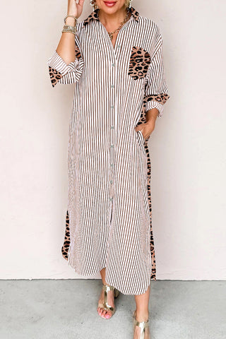 Sky Blue Stripe Contrast Leopard Patchwork Long Shirt Dress with Slits