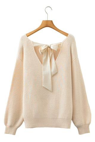 Black Ribbed Knit Ribbon Knot Backless Drop Shoulder Sweater