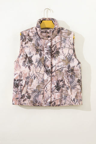 Brown Camo Leaf Print Winter Puffer Vest