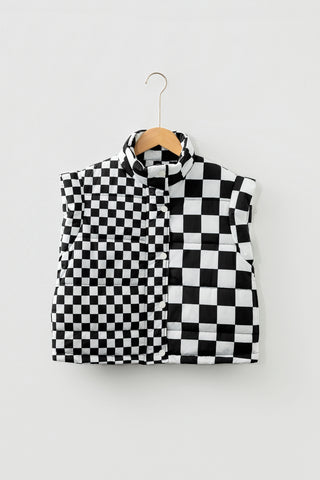 Brown Double Checked Stand Collar Cropped Puffer Vest