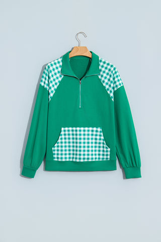 Navy Blue Patchwork Plaid Pocket Quarter Zip Sweatshirt