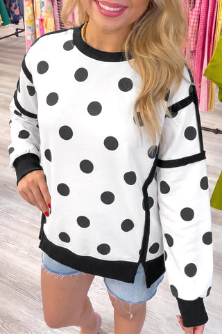 White Polka Dot Contrast Patchwork Round Neck Baggy Sweatshirt