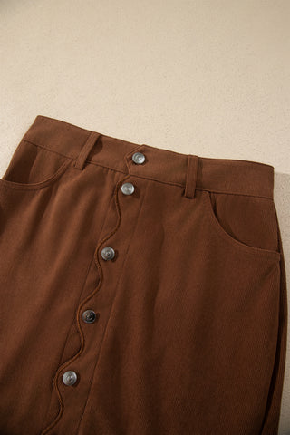 Coffee Button Front Corduroy Mini Pockets Sheath Silhouette Skirt