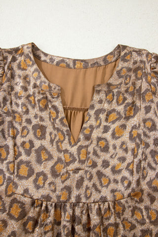 Khaki Leopard Print V Neck Ruffled Sleeve Tiered Loose Mini Dress