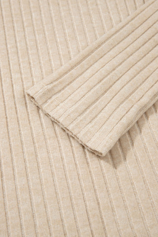 Apricot Solid Color Ribbed Knit Cowl Neck Long Sleeve Top