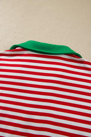 Red Stripe Colorblock Trim Polo Collar Drawstring Elastic Waist Band Casual 2pcs Outfit