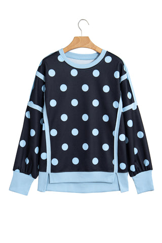 White Polka Dot Contrast Patchwork Round Neck Baggy Sweatshirt